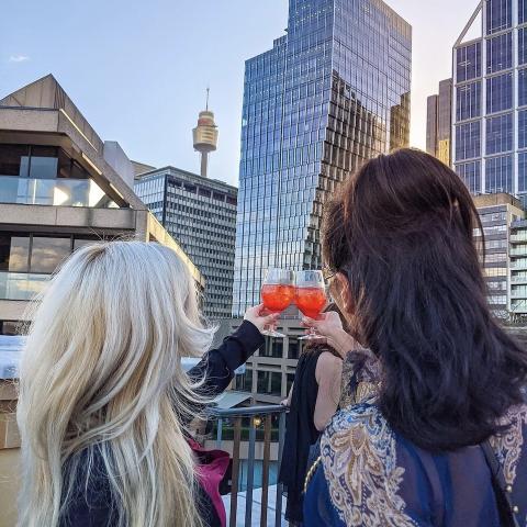 girls enjoying the view with a cheers 